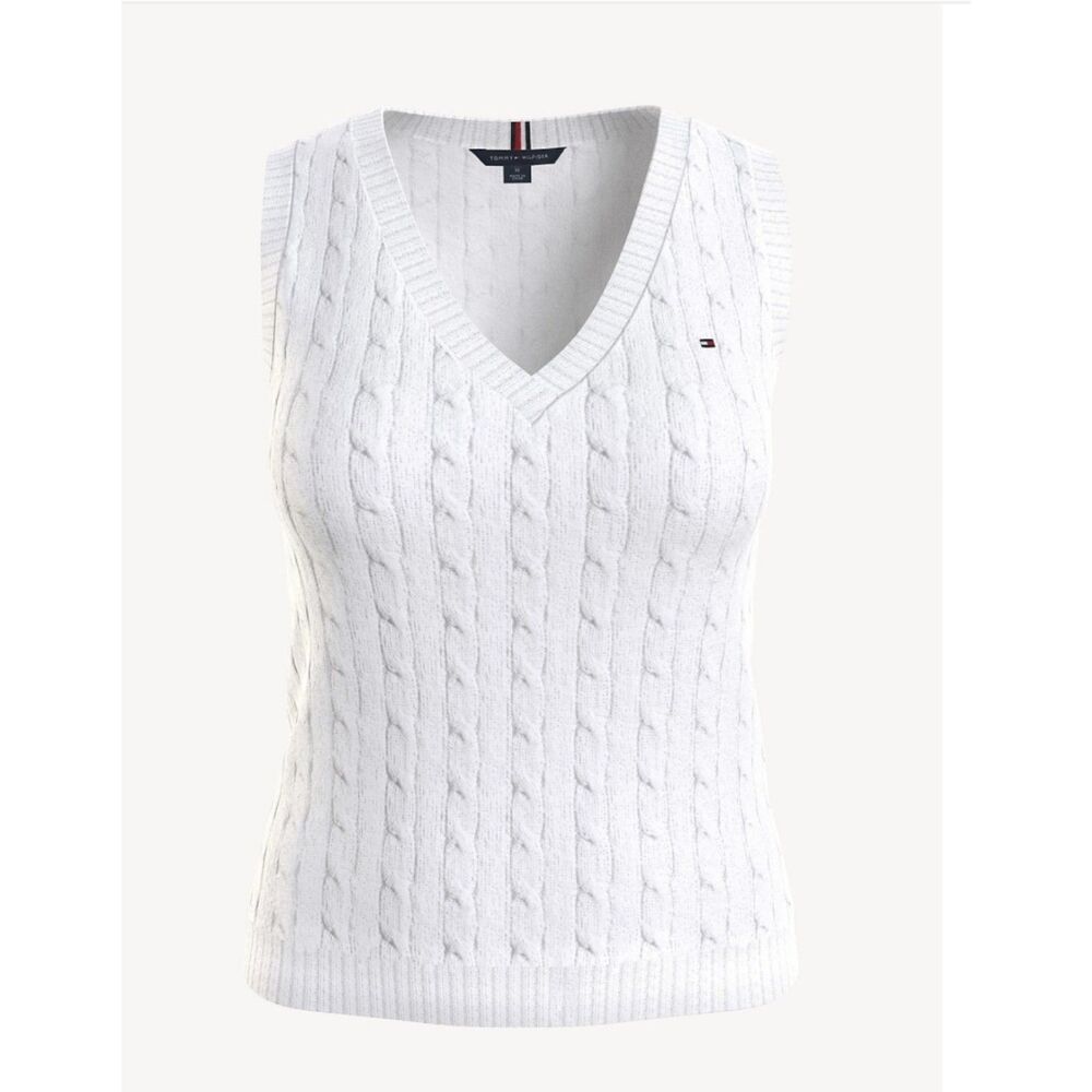 Women's Tommy Hilfiger V-Neck Cable Knit Sweater Vest, White, Size Medium